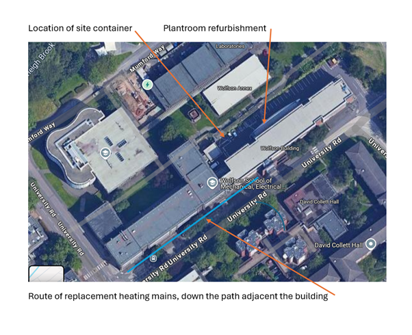 Aerial view of Wolfson showing area of refurbishment